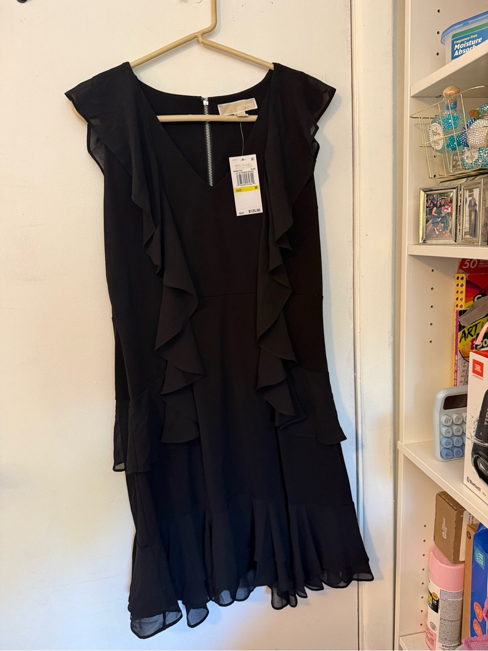 Michael Kors Black Ruffle V-Neck Midi Dress with Flutter Sleeves